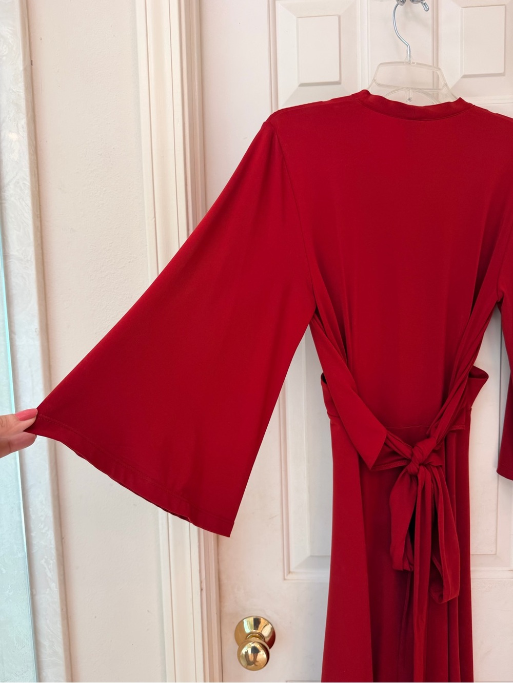 Mixit Red V-Neck Midi Flared Soft Knit Dress with Wrap Tie Belt, Sz 6 - Picture 11 of 14